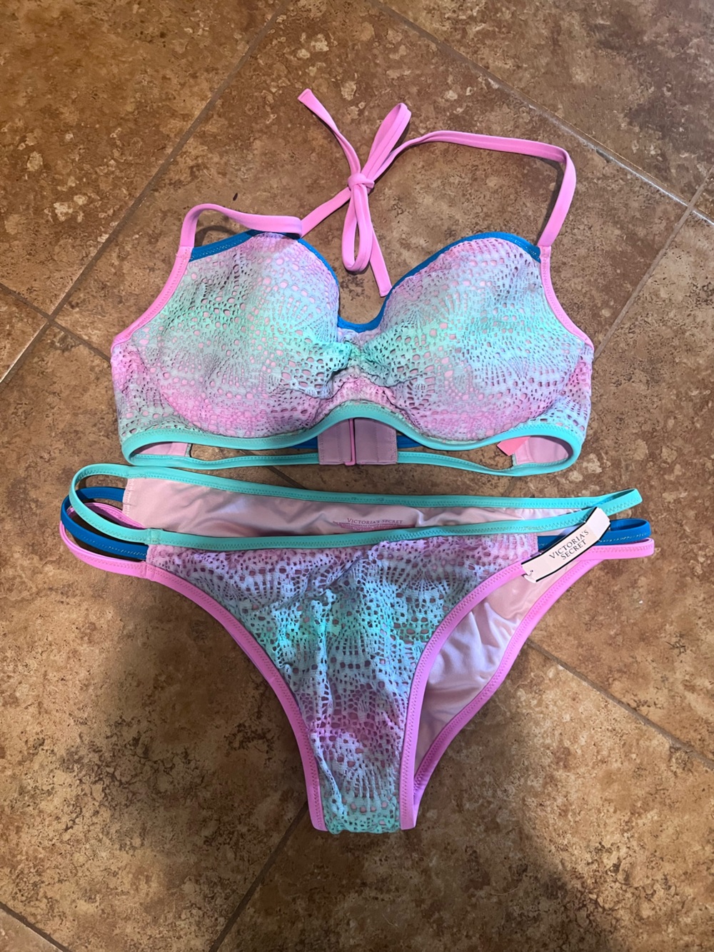 Victoria's Secret Pink, Teal & Aqua Multi-Strap Bikini Set